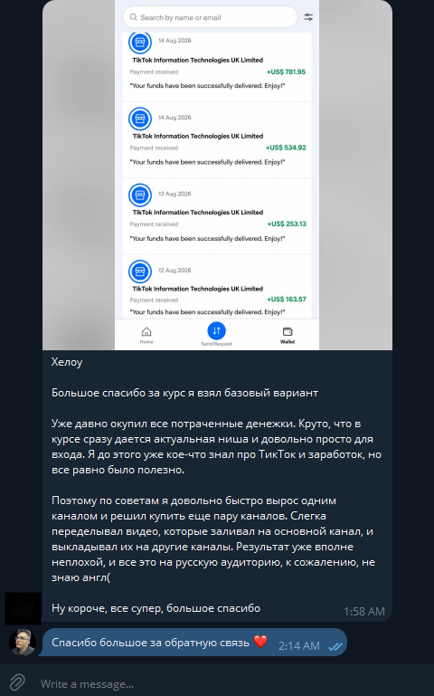Отзыв Дениса о базовом курсе со скриншотом выплат TikTok